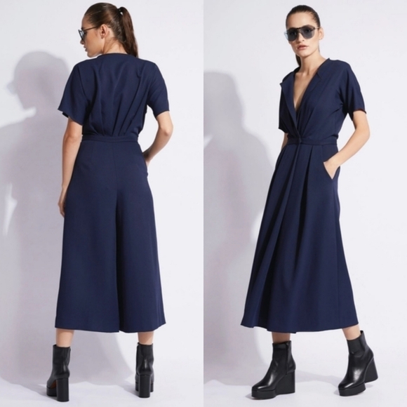 New Rachel Comey Ardent Split Neck Wide Leg Pebble Midnight Jumpsuit NWT Size 0 - Picture 3 of 17